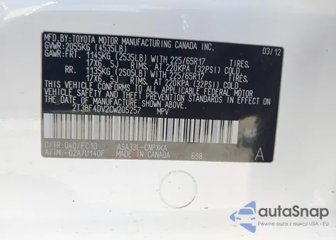 2012 Toyota Rav4 z USA, uszkodzony, nr VIN 2T3BF4DV2CW205257